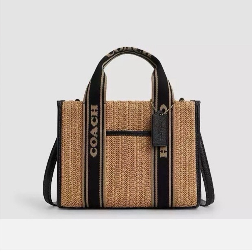 NWT COACH Smith Tote Bag 24 CAL89 Toast Black Crossbody Straw Pebble Leather